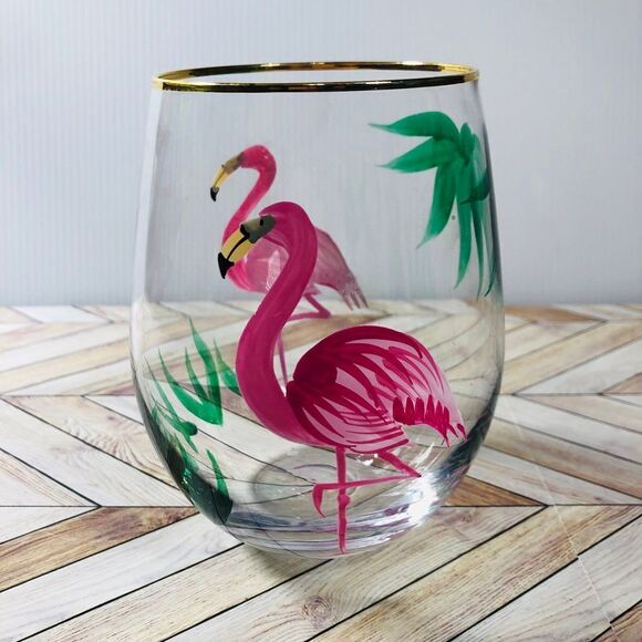Flamingo Stemless Gin Cocktail Glass Tumbler Hand Painted Wine Glass - Picture 3 of 6